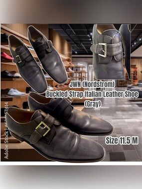 JWN (Nordstrom) Buckled Strap, Men Leather Italian Shoe (Gray) Size 11.5 M